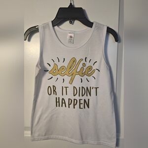 Girls White Tank Top with Gold 'Selfie' Print Size L